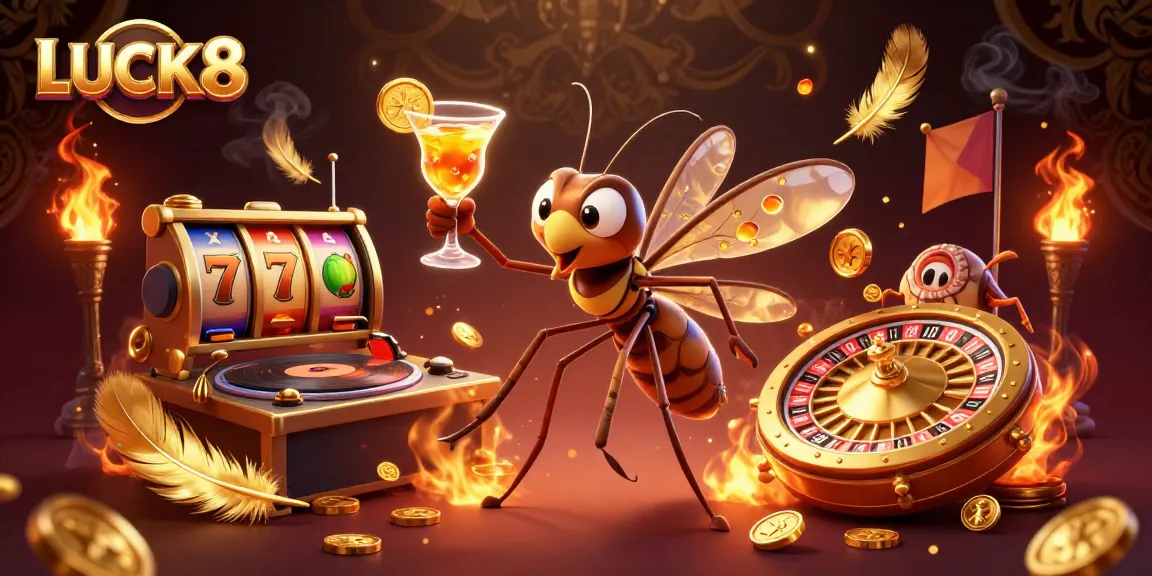 LUCK8 casino mascot and trilobite DJ creating an exciting gaming atmosphere with golden roulette elements.