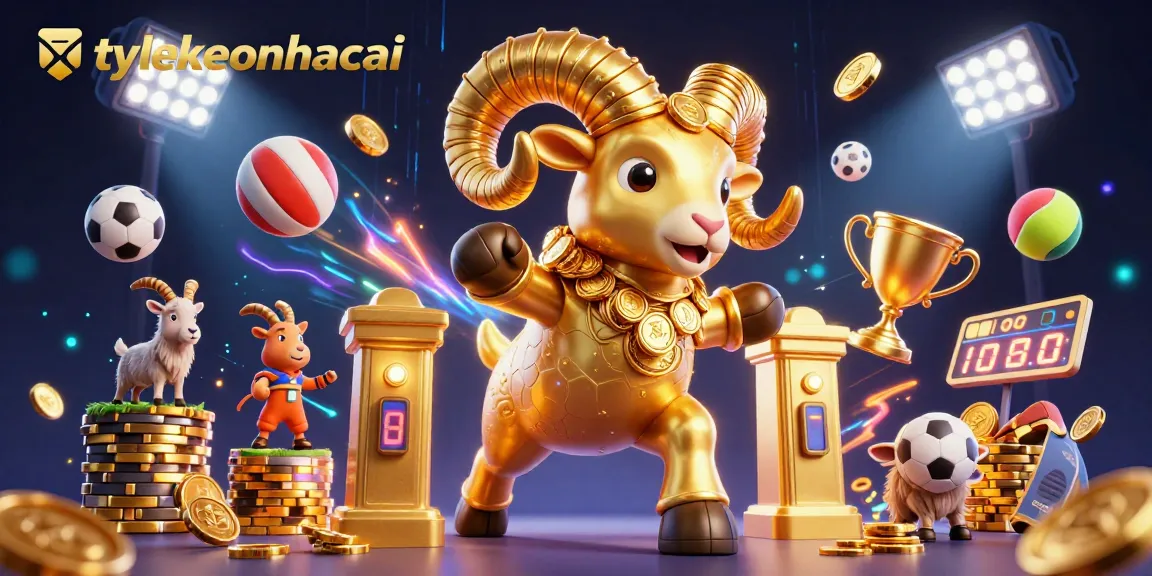Engage in thrilling sports betting with tylekeonhacai featuring a dynamic 3D illustration of a golden ram charging through a vibrant scene.