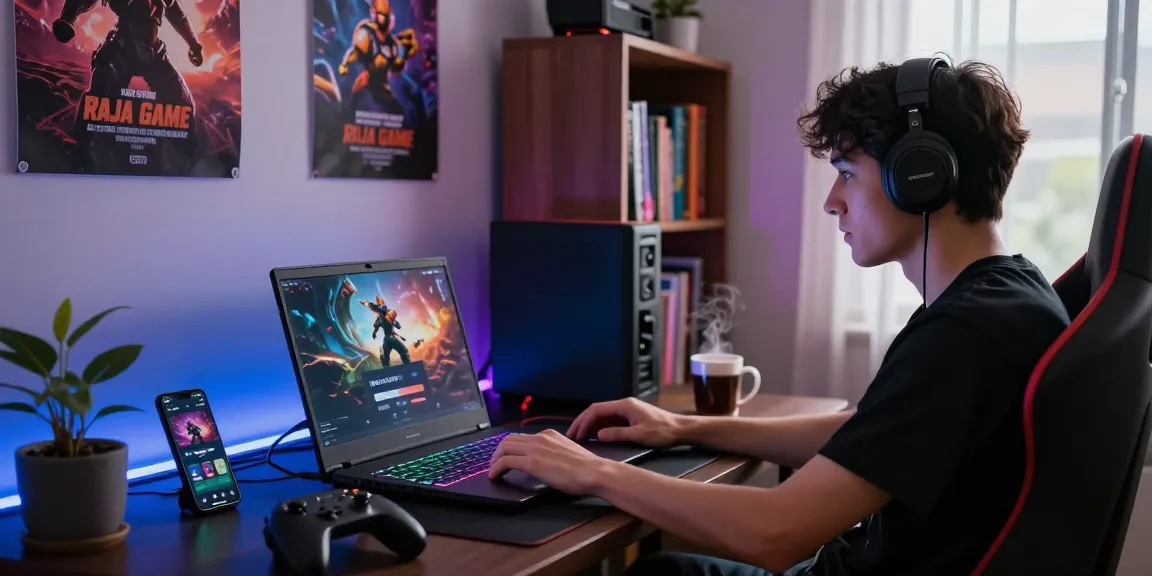 Raja Game login by a gaming enthusiast in a cozy setup with laptop, controller, and vibrant atmosphere.