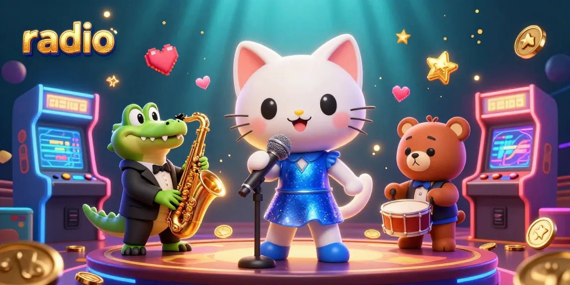 Jazz-singer cat performs live while casino elements enhance the vibrant radio ambiance.