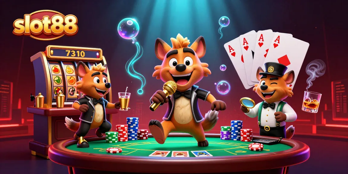Slot88 menghadirkan aksi perjudian seru di kasino dengan karakter hyena dalam suasana komedi dan kemewahan.