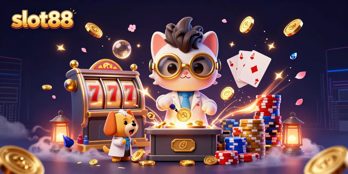 Mainkan slot88 dalam ilustrasi yang menampilkan ilmuwan kucing dan anjing, di tengah koin emas dan mesin slot.