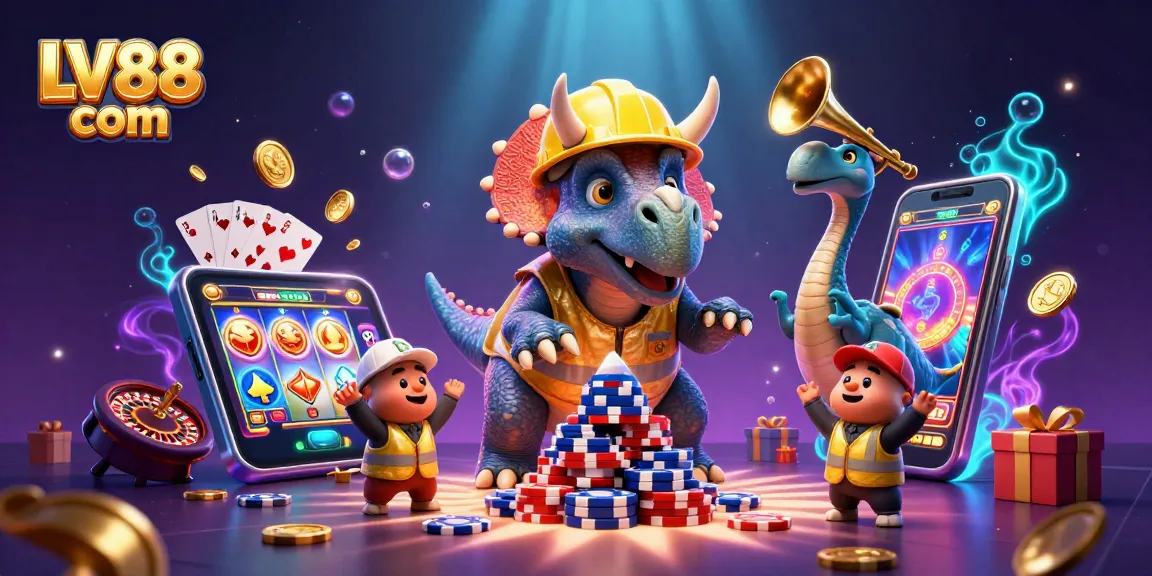 Win big with LV88 com as a triceratops builds poker chip pyramid amid a festive casino scene.