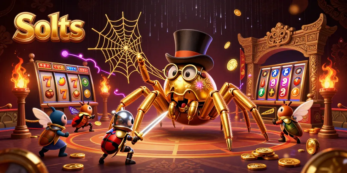 Spin thrilling Slots with golden tarantula and brave beetle knight in this captivating casino scene.