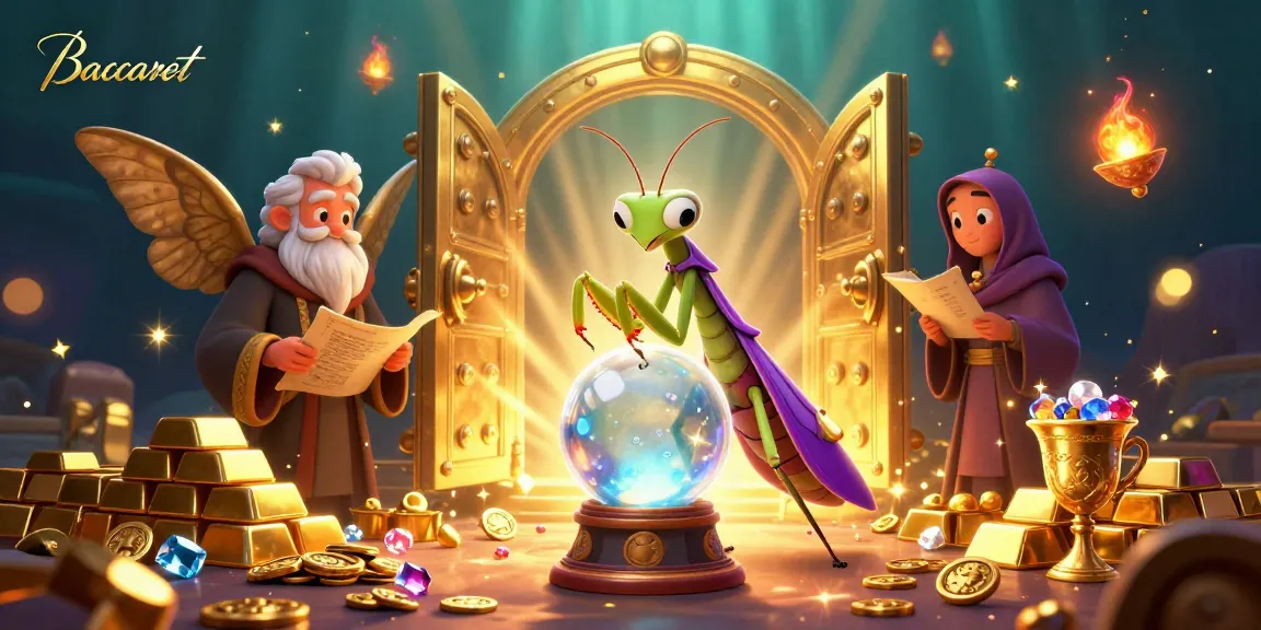 Baccarat game scene featuring dynamic characters, treasure, and mystical elements in a vibrant casino illustration.
