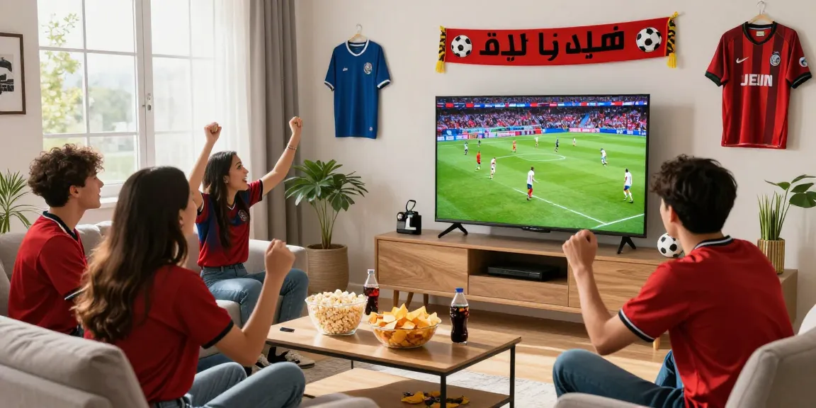 Excited friends watching كورة لايف football match in a lively living room.
