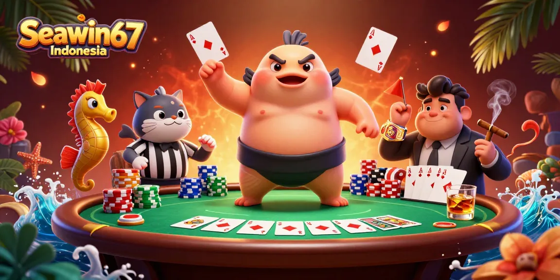 Visualisasi Seawin67 Indonesia dengan ikan fugu dan elemen poker yang menarik di bawah laut.