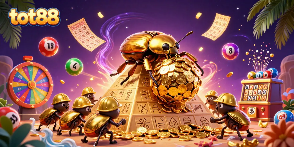 Join the fun at tot88 with a vibrant lottery scene featuring golden coins and lively gaming elements.