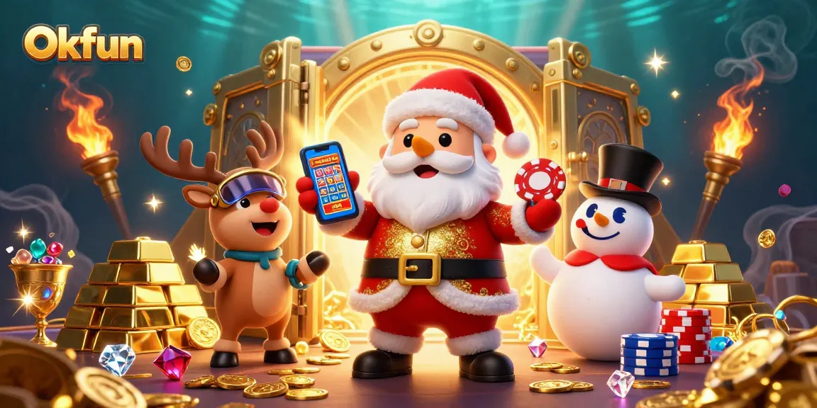 Experience the excitement of Okfun with a 3D casino illustration featuring characters and jackpots.
