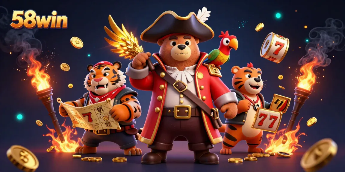 Engage with 58win to experience thrilling slot games in an action-packed 3D casino illustration.